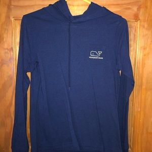 Long sleeve navy and lime green shirt with hood